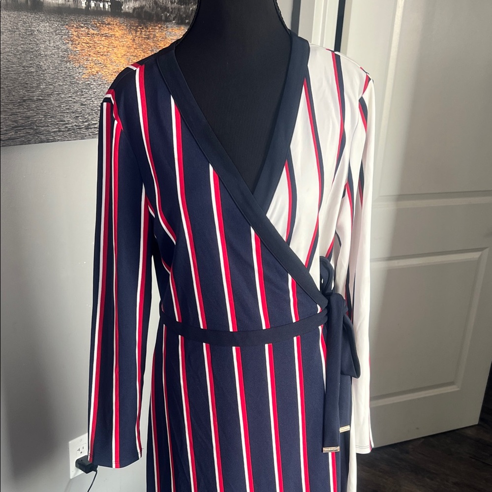 Tommy Hilfiger Navy, White & Red Striped Long Sleeve Wrap Dress